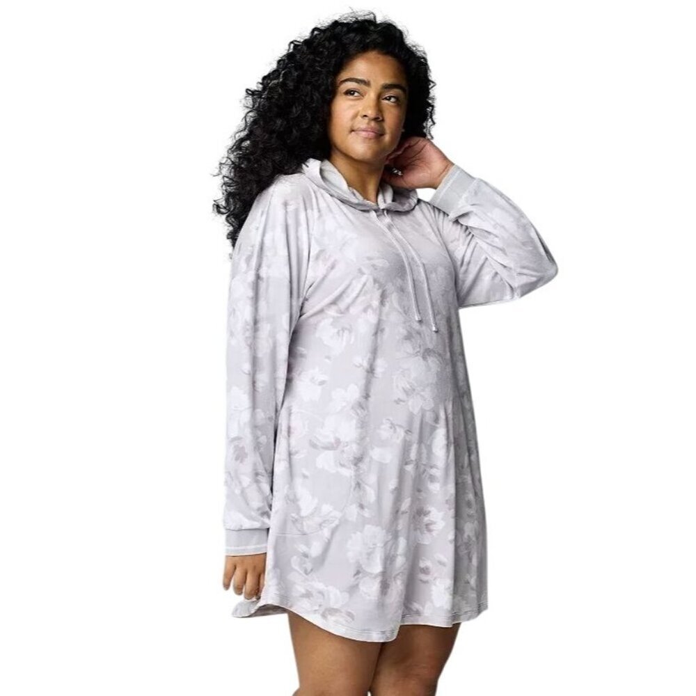 Simply Vera Wang Womens Plus Gray Floral Long Sleeve Hooded Sleepshirt Sz 3X New